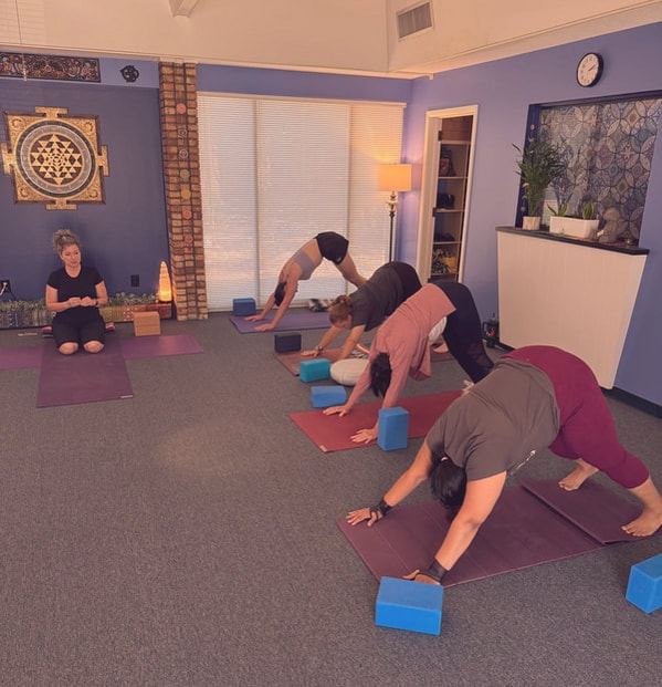 A Painted Lotus class in downward-facing dog